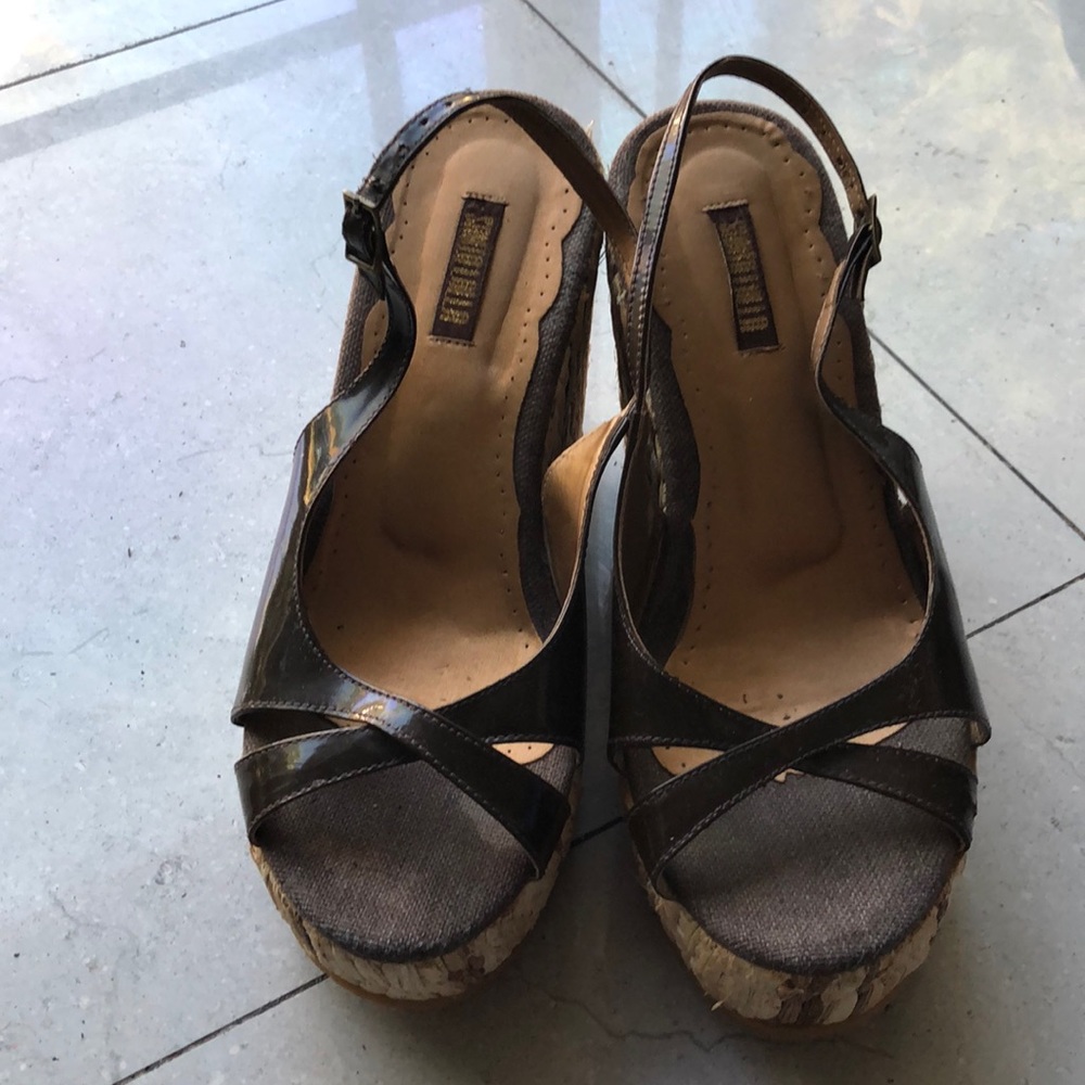 Brown patten leather and straw platform sandals